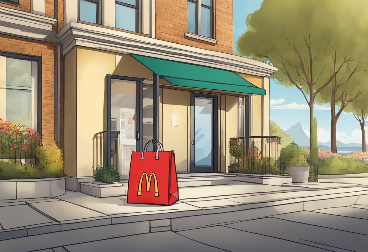A McDonald's delivery bag sits on a doorstep, with a smartphone displaying the McDonald's app nearby. The iconic golden arches logo is visible on the bag