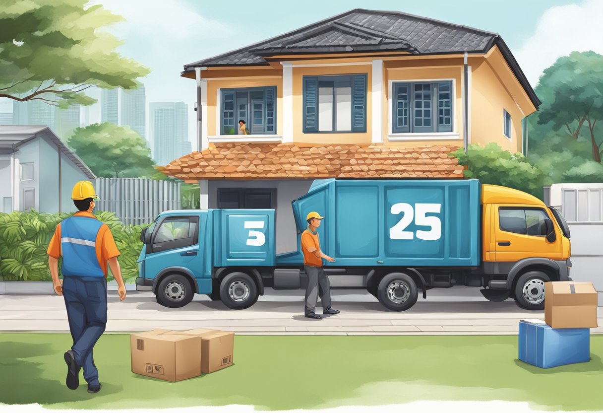 A moving truck parked outside a Singapore home, with workers carrying boxes and furniture into the house