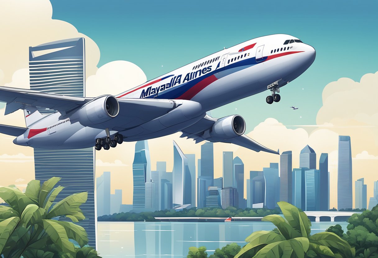 A Malaysia Airlines plane flies over the iconic skyline of Singapore, with the city's modern skyscrapers and the Marina Bay Sands in the background