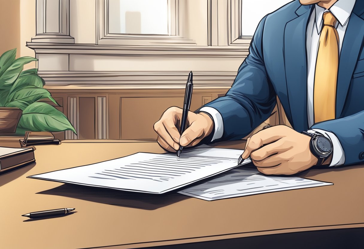A person signing a power of attorney document at a lawyer's office