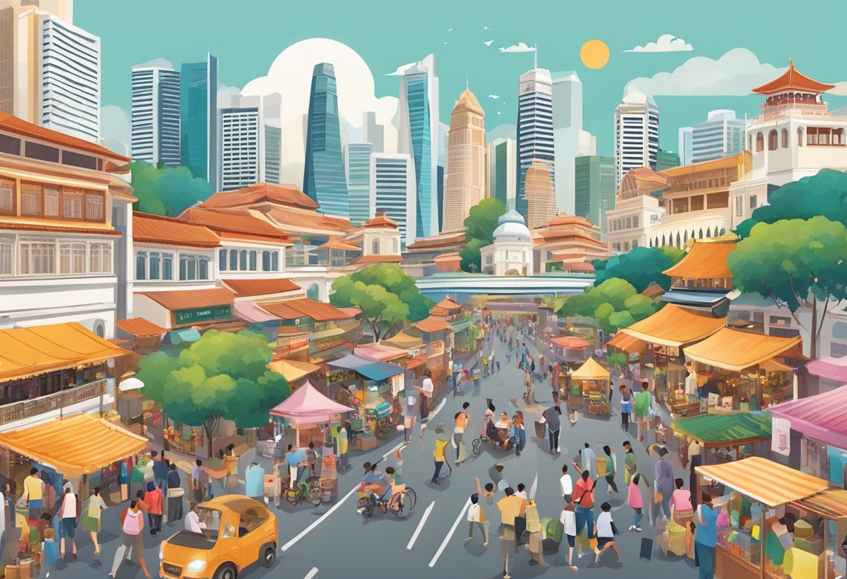 A bustling cityscape with iconic Singapore landmarks, vibrant street markets, and diverse cultural festivals