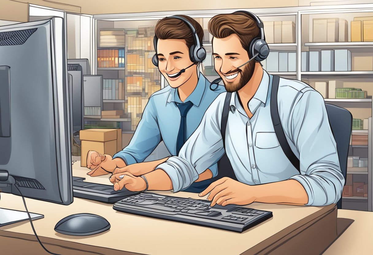 A customer service representative assists a smiling customer with a product concern, demonstrating attentiveness and professionalism
