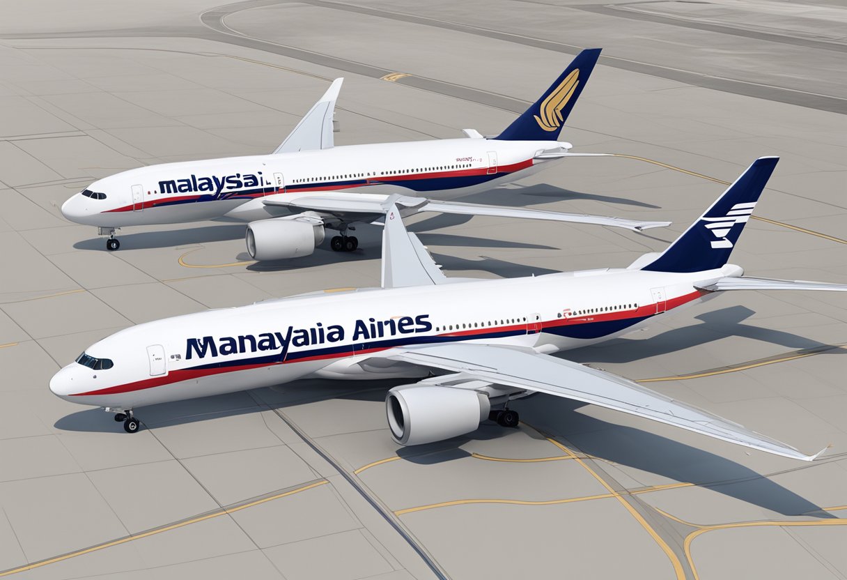 Two airplanes, one with Malaysia Airlines livery and the other with Singapore Airlines livery, parked on the tarmac side by side