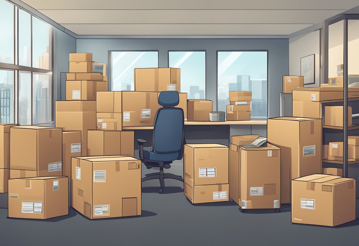 Boxes stacked, tape rolls, and moving truck ready. Movers lifting and loading furniture. Busy office with phones ringing
