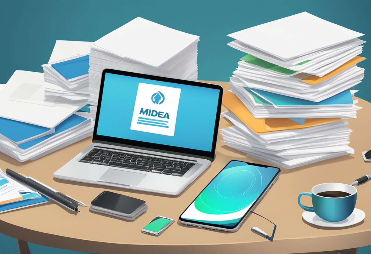 A stack of FAQ papers with Midea Singapore logo, surrounded by a laptop, phone, and pen on a desk