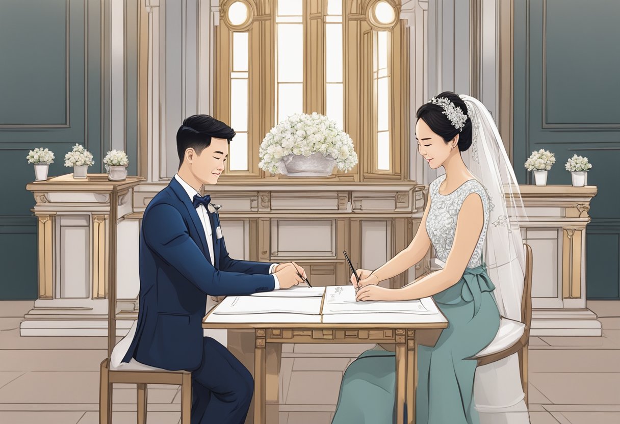 A couple signing marriage documents at the Singapore Registry of Marriage