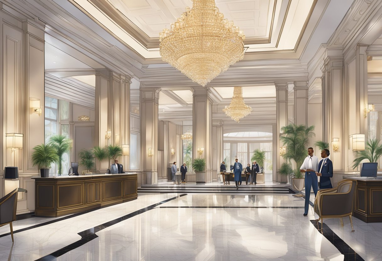 Luxurious hotel lobby with grand chandeliers, marble floors, and a concierge desk. Guests in elegant attire converse while staff attend to their needs