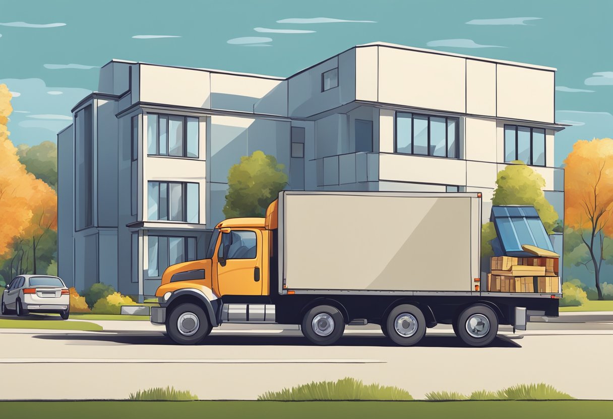 A moving truck parked in front of a residential building, with movers carrying boxes and furniture into the truck