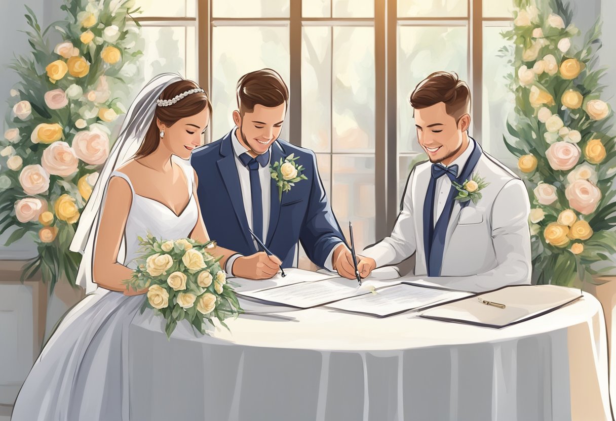 The newlyweds sign marriage certificates at the registry office