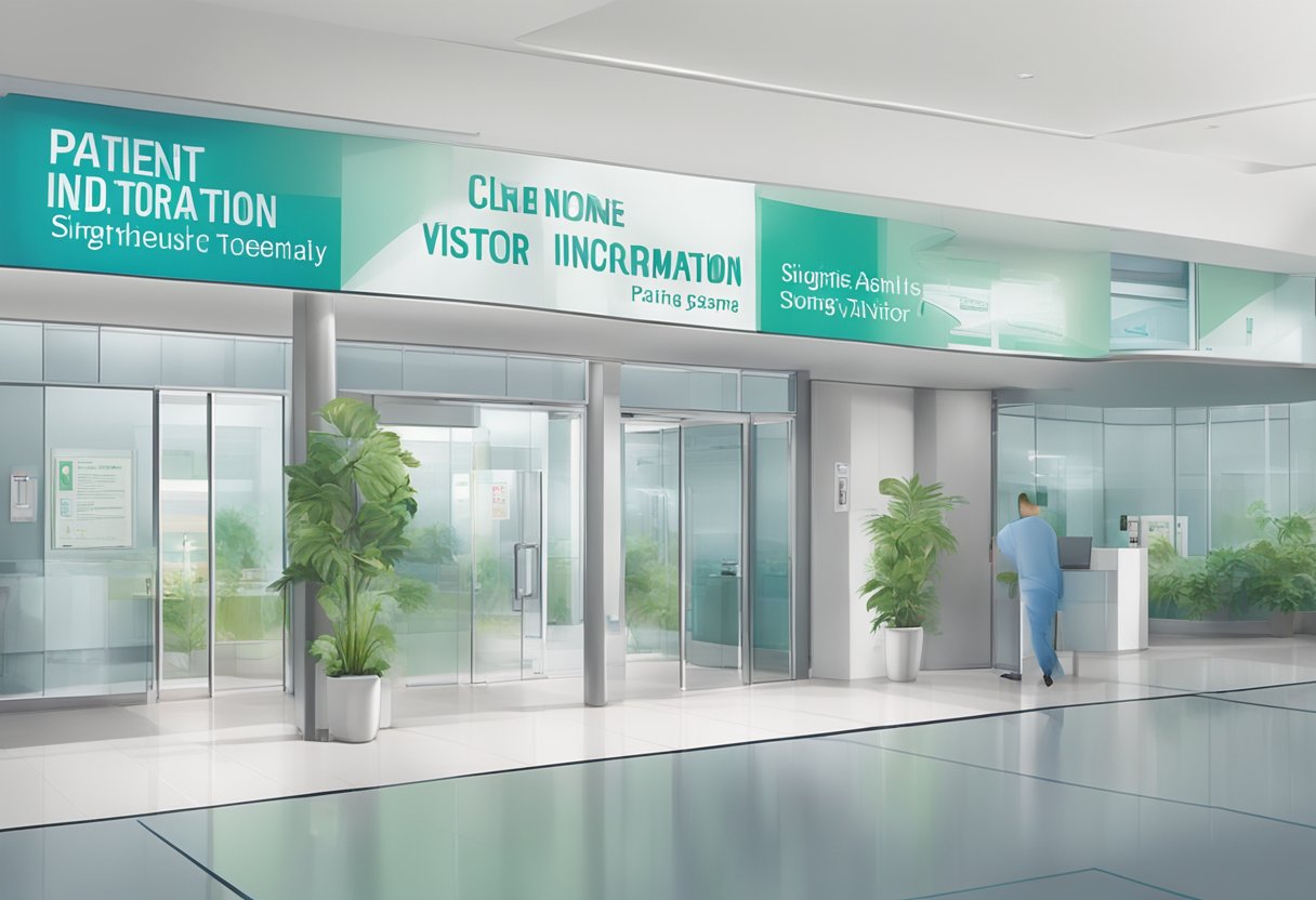 A signboard with clear, bold lettering displaying "Patient and Visitor Information" at NUH Singapore
