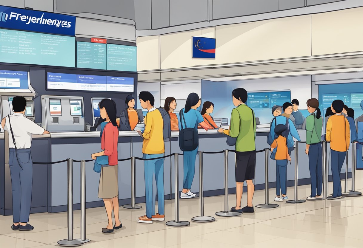 Passengers lining up at a Malaysia Airlines counter in Singapore, with a sign displaying "Frequently Asked Questions" prominently