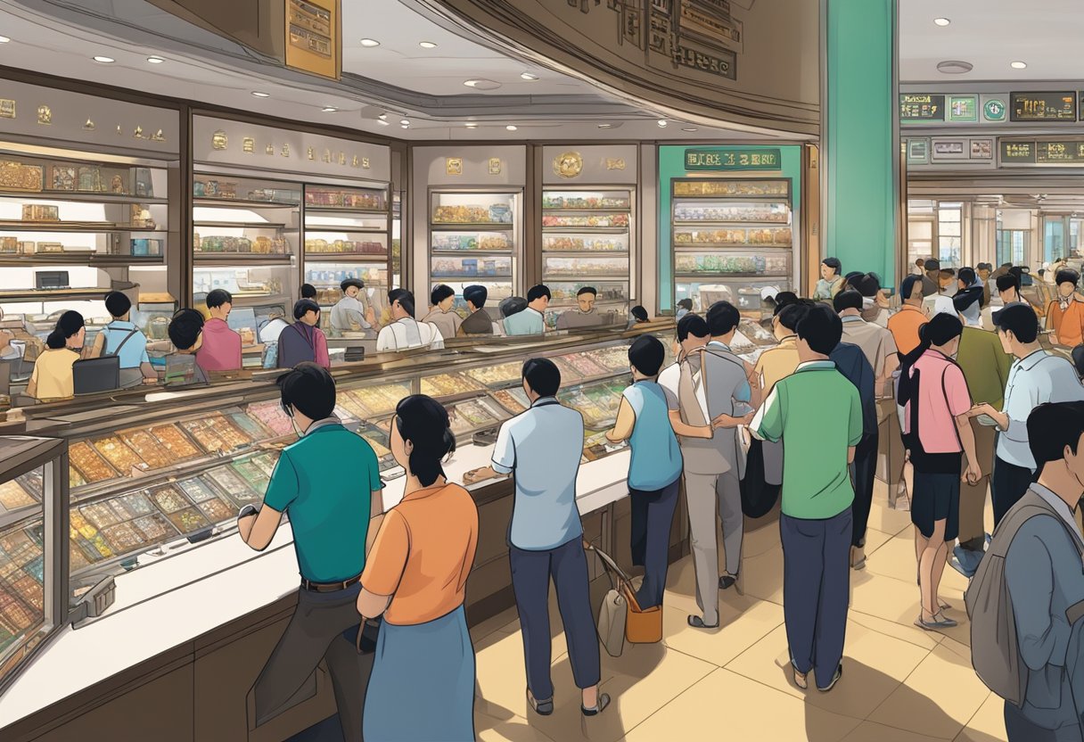A bustling Singapore watch exchange with colorful displays and busy traders