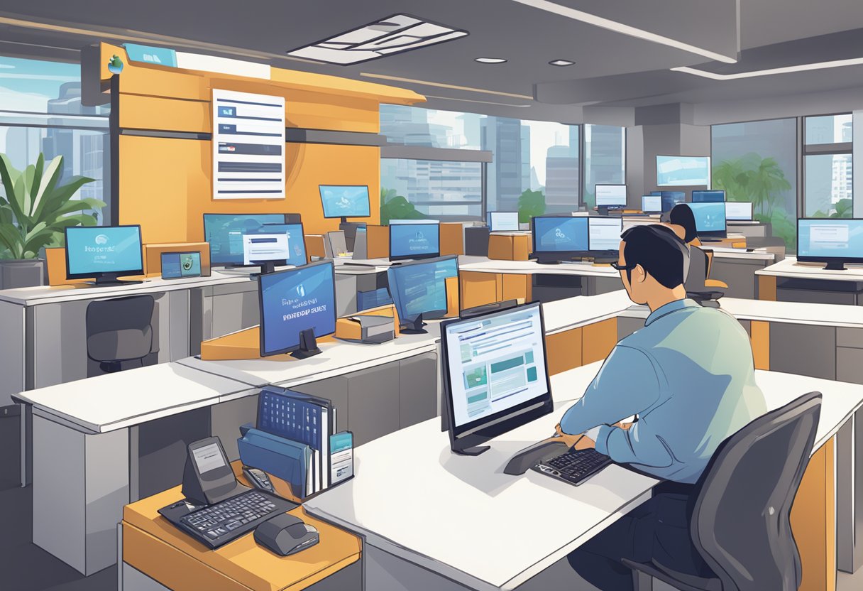 A stack of FAQ sheets with "Level Up Singapore" logo, surrounded by computer screens and a customer service desk