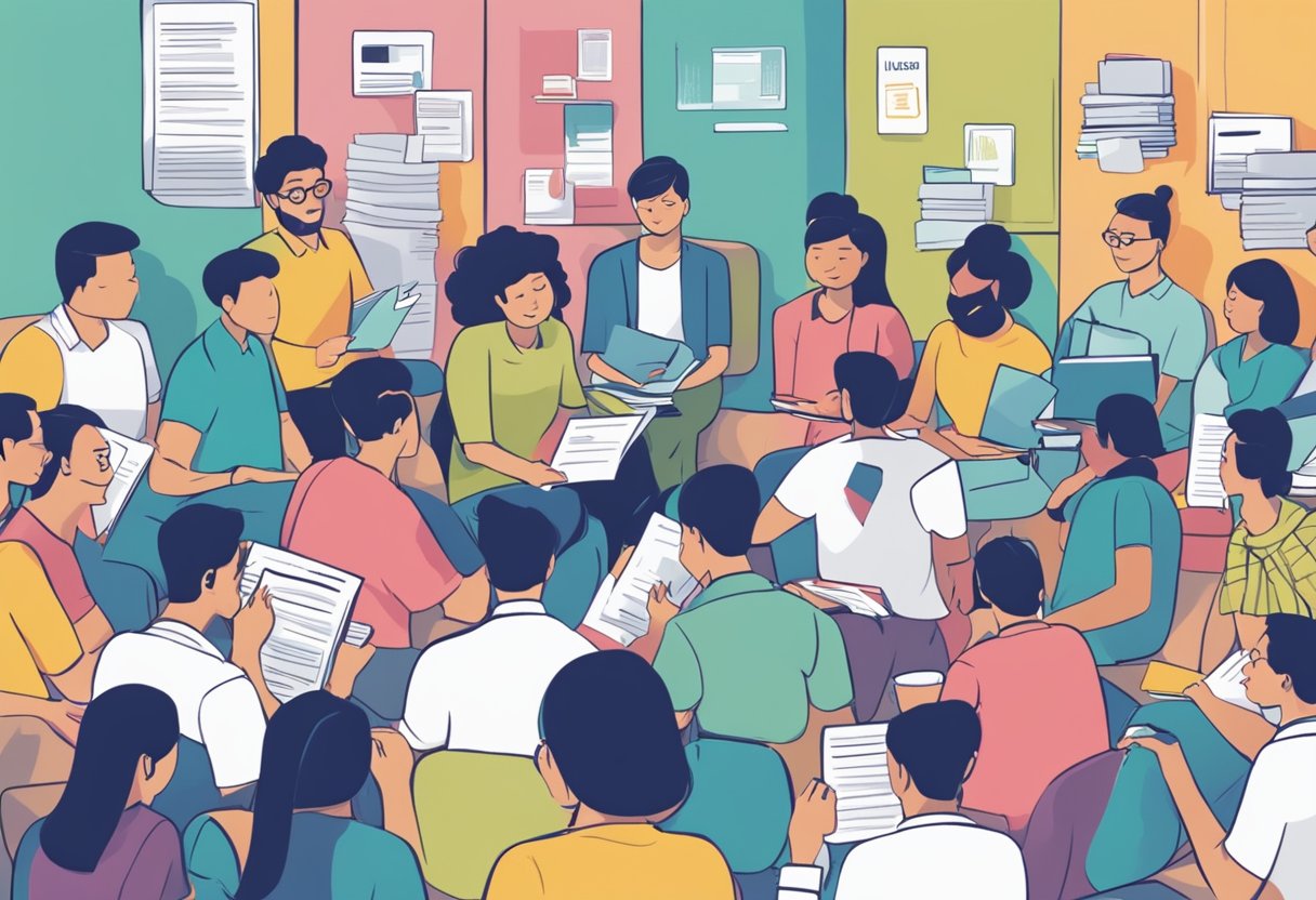 A stack of colorful FAQ pamphlets with "Frequently Asked Questions nuh singapore" printed on the cover, surrounded by a group of people reading and discussing the content