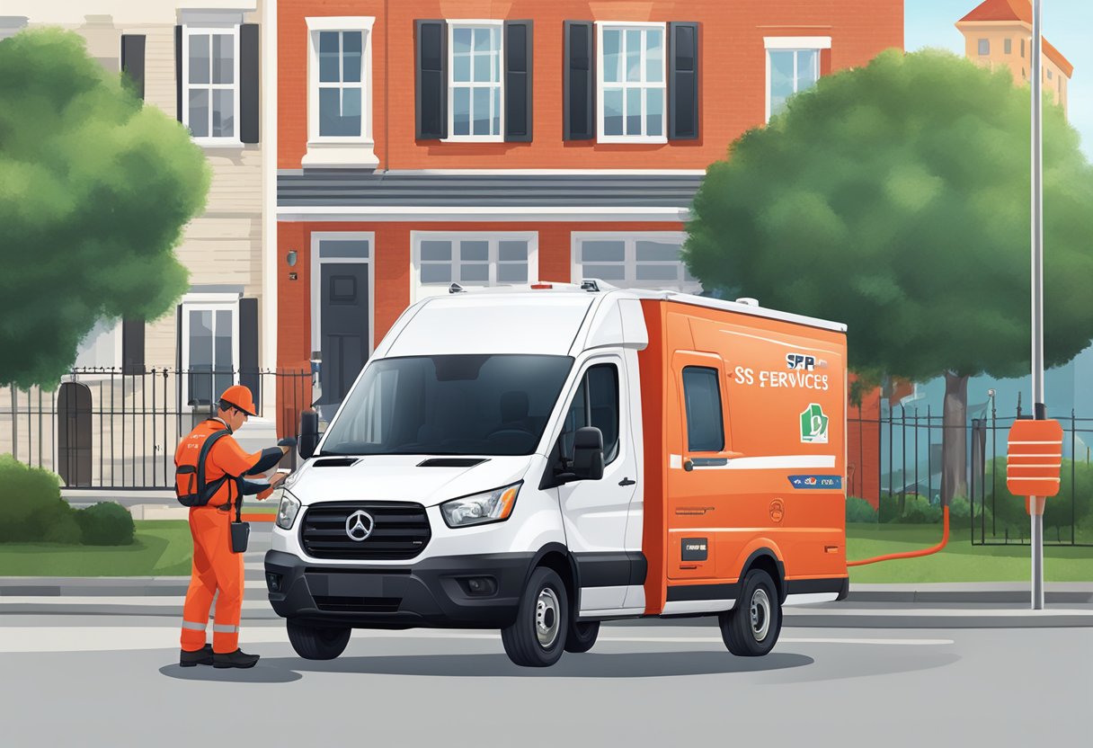 A bright red SP Services van parked in front of a residential building with a technician working on a power meter