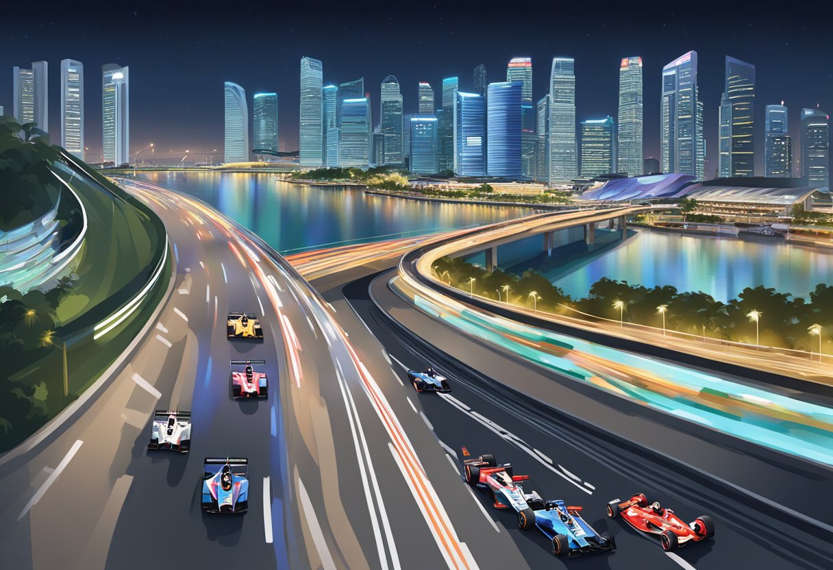 The Singapore Grand Prix track winds through the city at night, with iconic landmarks like the Marina Bay Sands and the Singapore Flyer in the background. The bright lights and bustling atmosphere capture the excitement and significance of this prestigious racing event