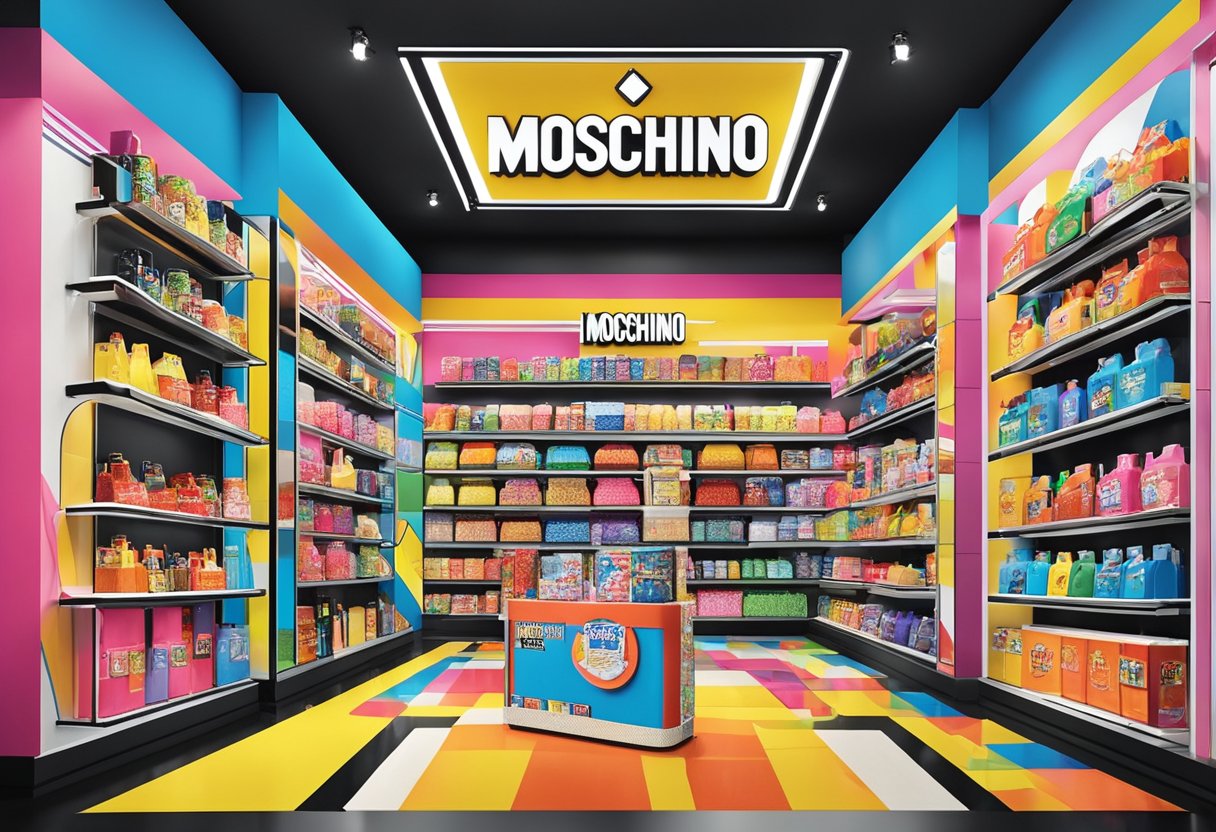 A vibrant store display showcases various Moschino products in Singapore. Bright colors and bold designs catch the eye of passersby
