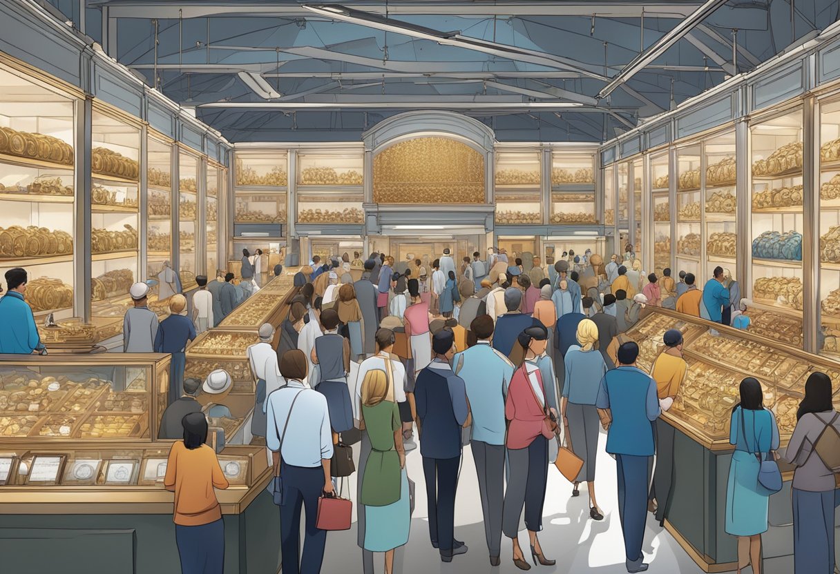 A bustling marketplace with rows of gleaming timepieces on display, surrounded by eager customers and attentive sellers