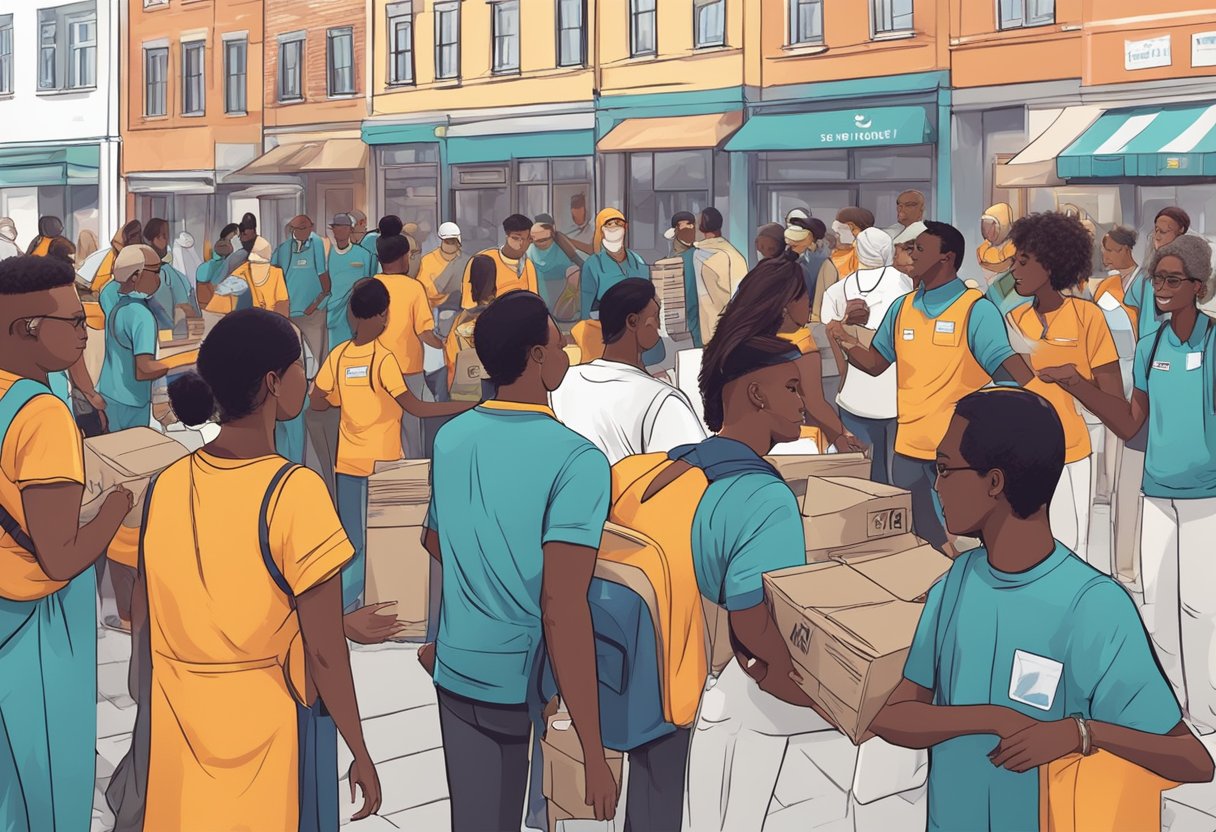 A group of volunteers distribute aid and support to diverse community members in a bustling urban setting