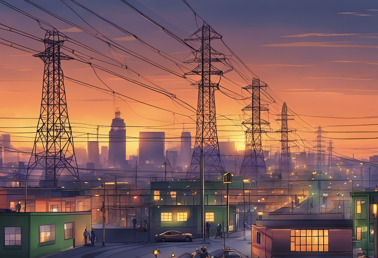 A bustling cityscape with iconic SP Services buildings and infrastructure, including power lines and substations, against a vibrant sunset backdrop