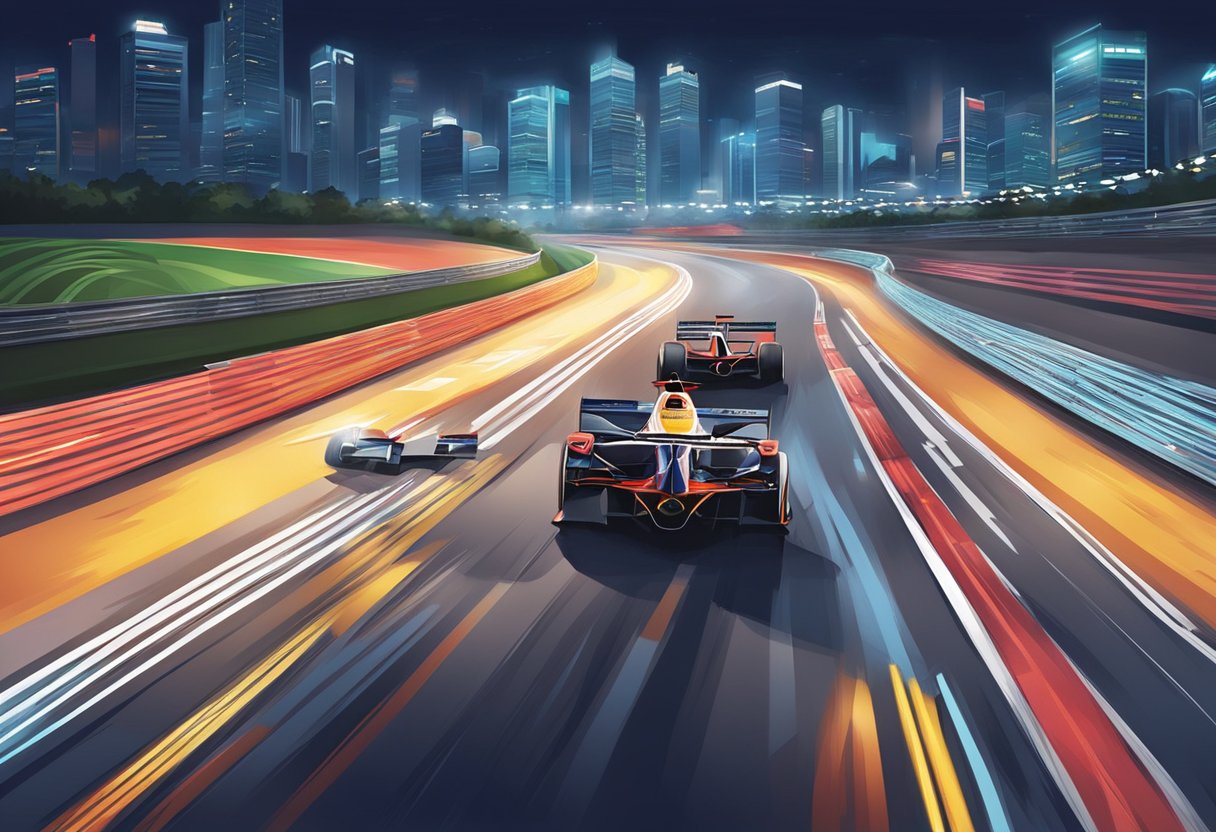 Cars racing under the bright lights of the Singapore GP track, with the city skyline in the background