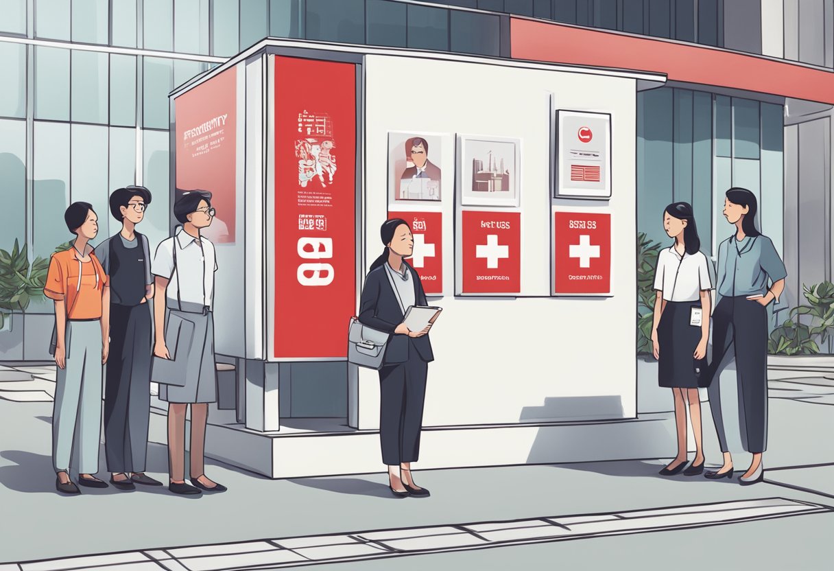 A group of people standing in front of a Singapore Red Cross sign, with a banner that reads "Frequently Asked Questions" displayed prominently