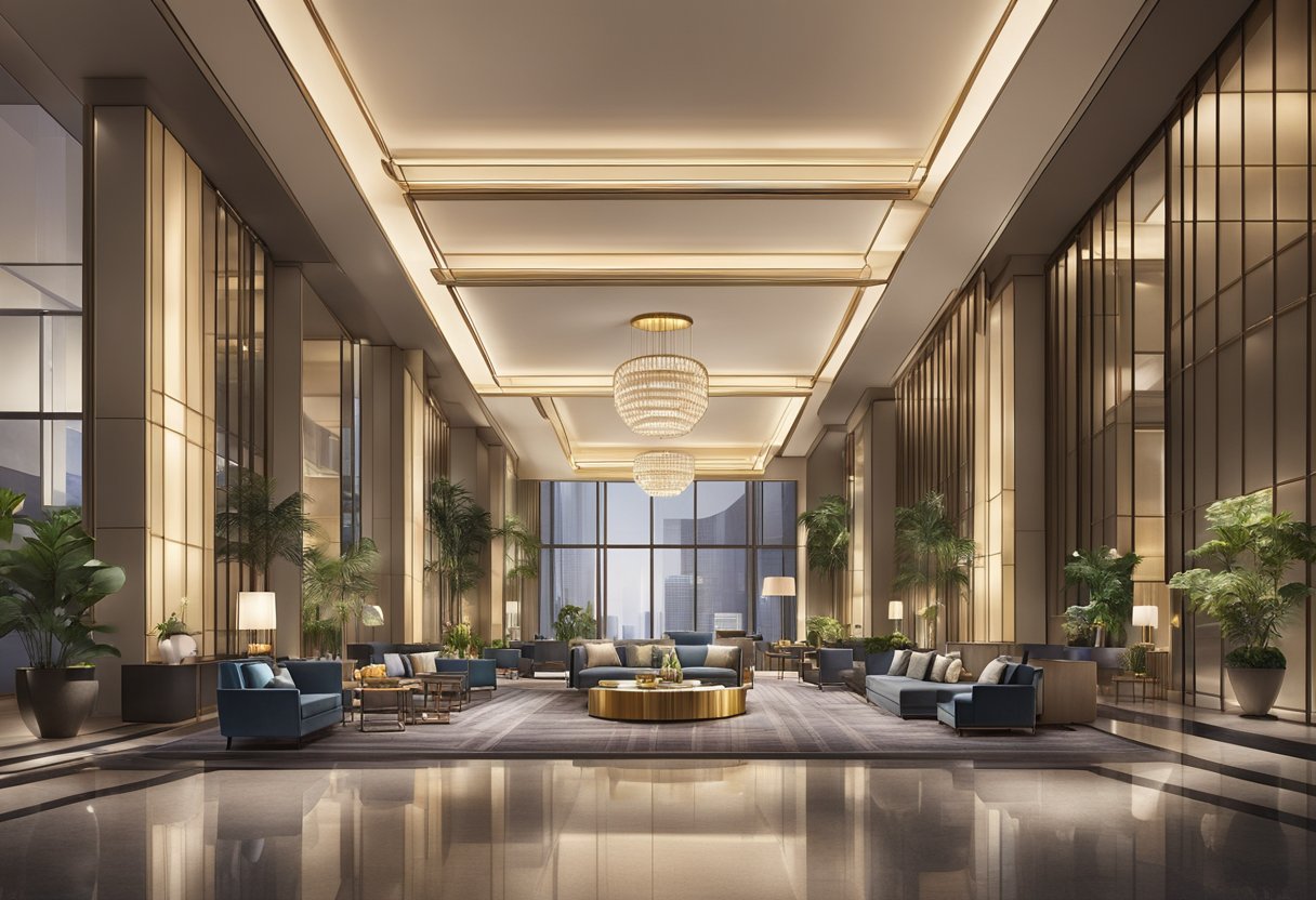 The Sofitel Singapore City Centre features a modern, elegant lobby with high ceilings and luxurious furnishings, bathed in soft, warm lighting