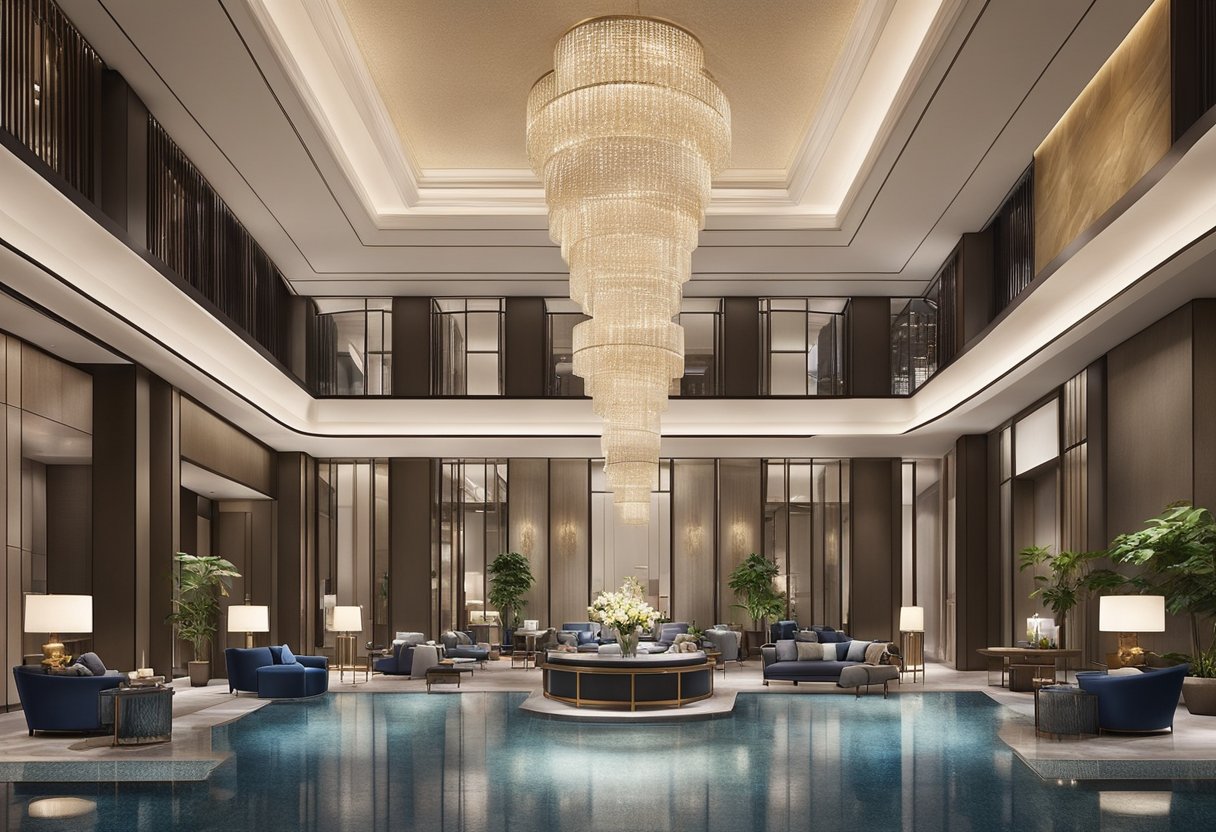 The luxurious lobby of Sofitel Singapore City Centre features elegant furnishings, a grand chandelier, and a concierge desk. A serene pool area and well-appointed guest rooms complete the lavish amenities