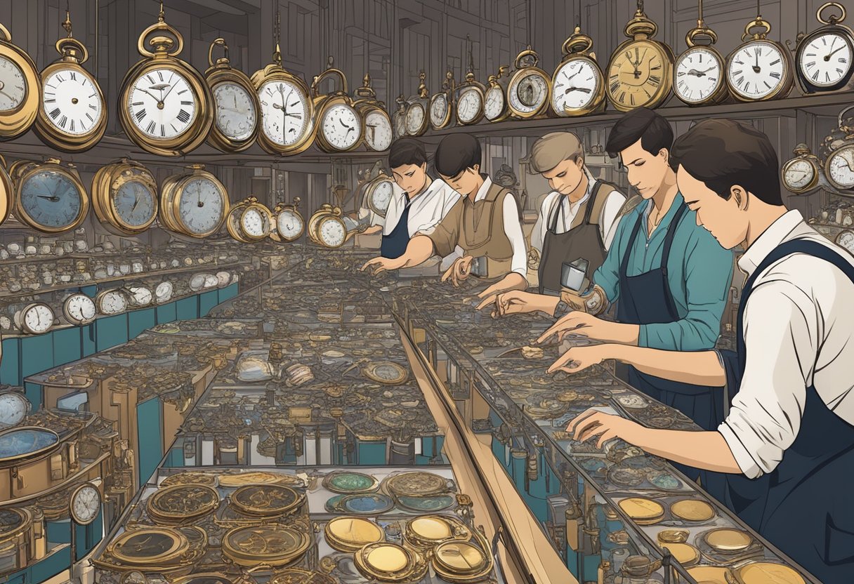 A bustling marketplace with a variety of timepieces on display, experts inspecting and verifying the authenticity of each watch