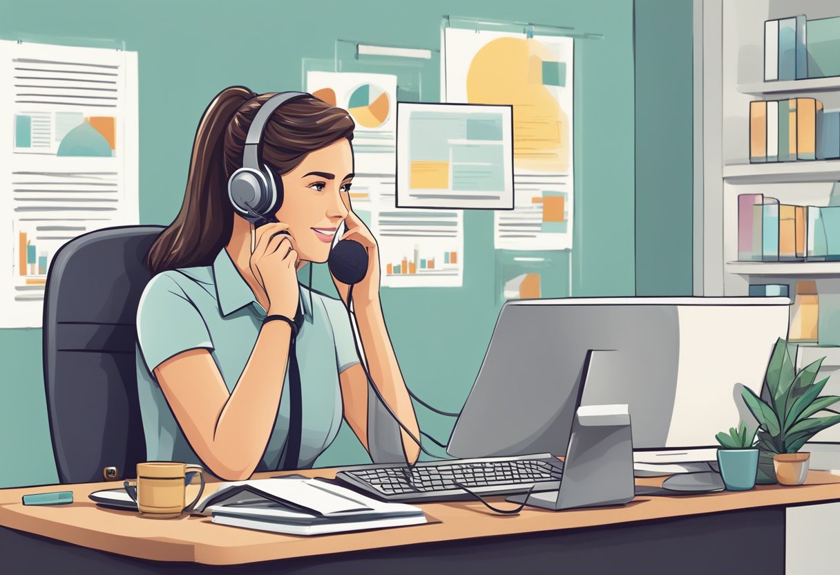 A customer service representative answers phone calls and emails at a desk with a computer and FAQ documents on the wall