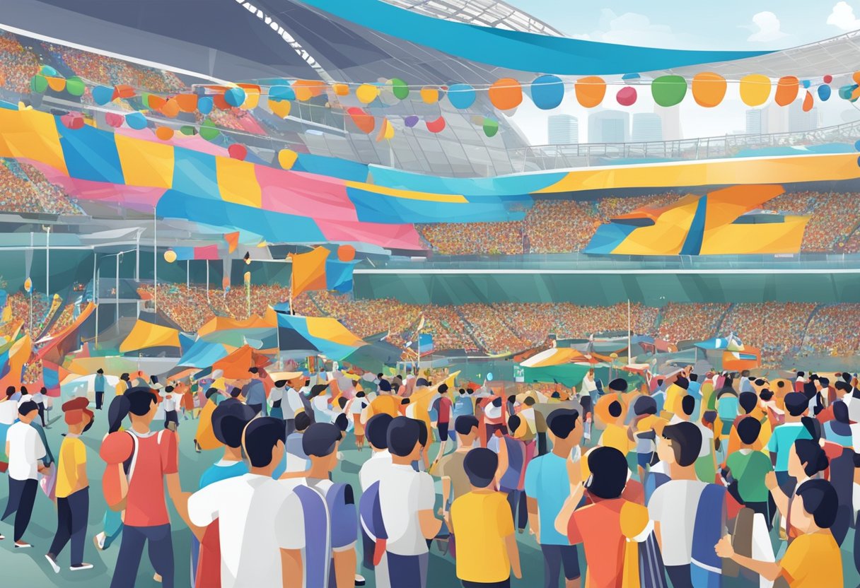 A bustling sea games venue in Singapore, with crowds of people, sports equipment, and colorful banners