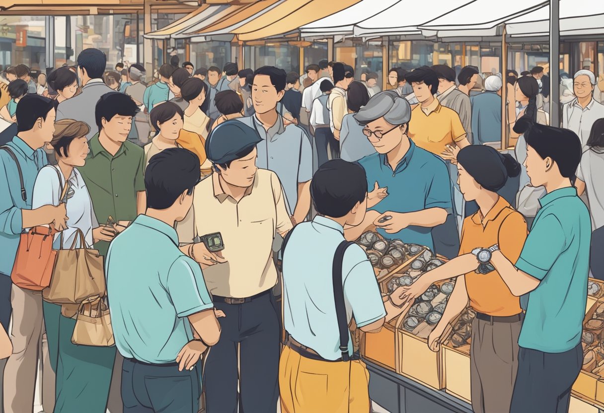 A group of people exchanging watches in a bustling marketplace in Singapore. Signs with "Frequently Asked Questions" and "Watch Exchange" are prominently displayed