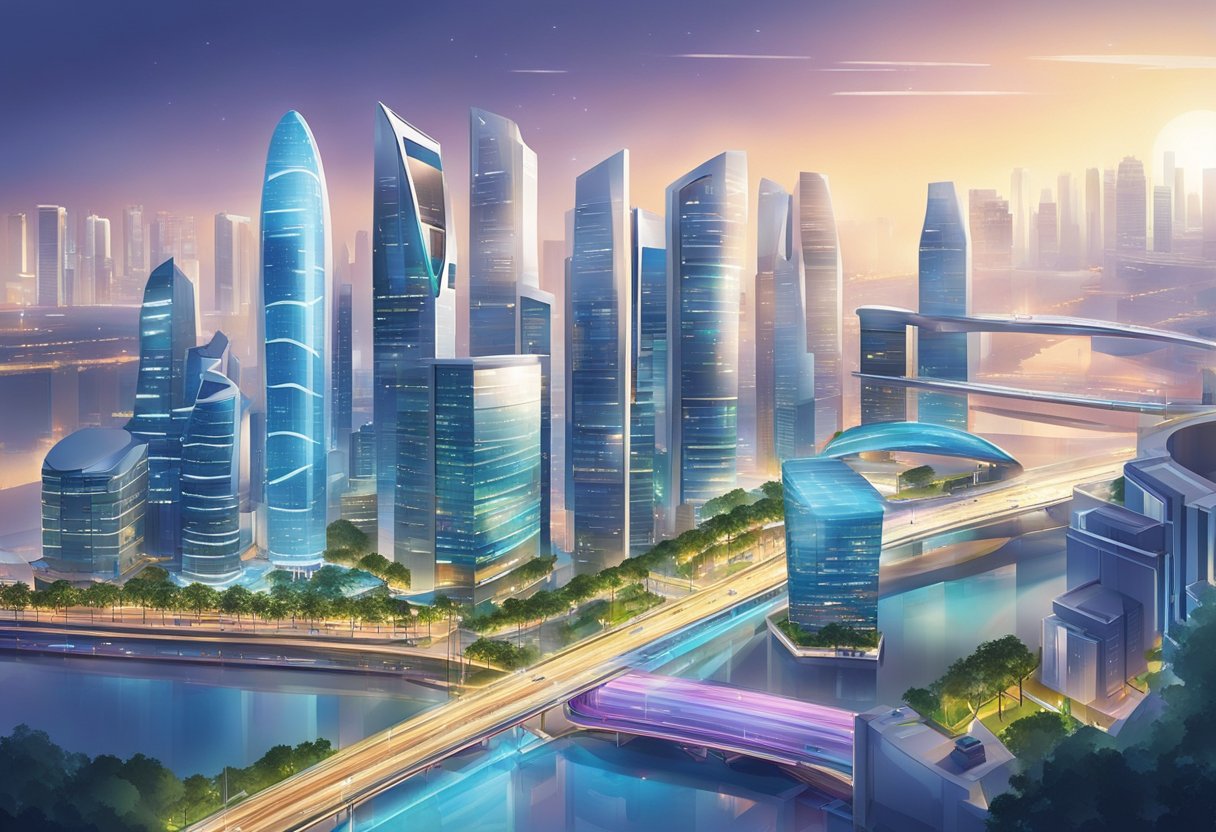 A bustling city skyline with futuristic buildings and advanced technology on display. The scene is filled with innovation and energy, showcasing the cutting-edge advancements in Singapore's technology sector