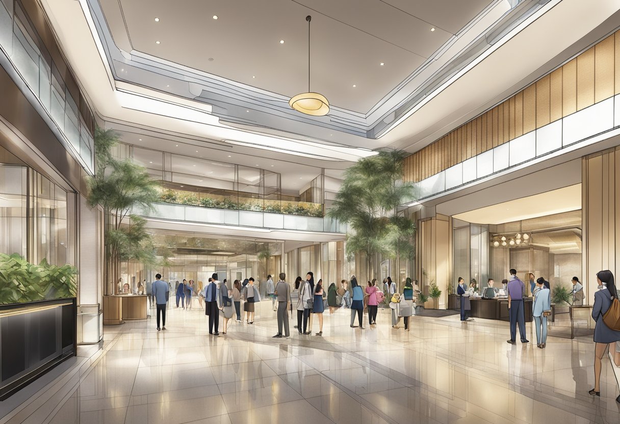 The lobby of Sofitel Singapore City Centre bustling with guests seeking information from the Frequently Asked Questions board