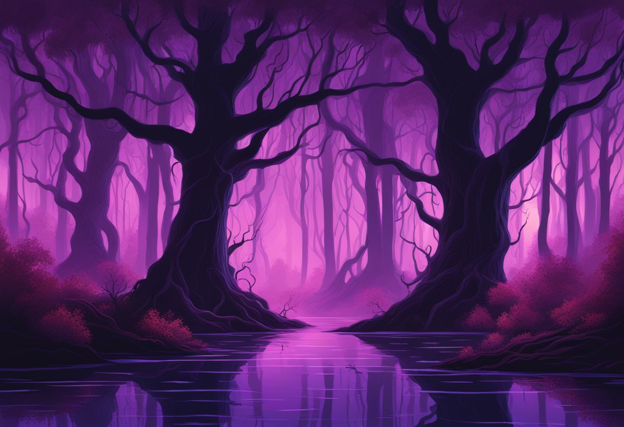 A dark, eerie forest with glowing red vines and twisted trees, reflecting in a murky pond. The sky is a deep, unnatural shade of purple, with strange creatures lurking in the shadows