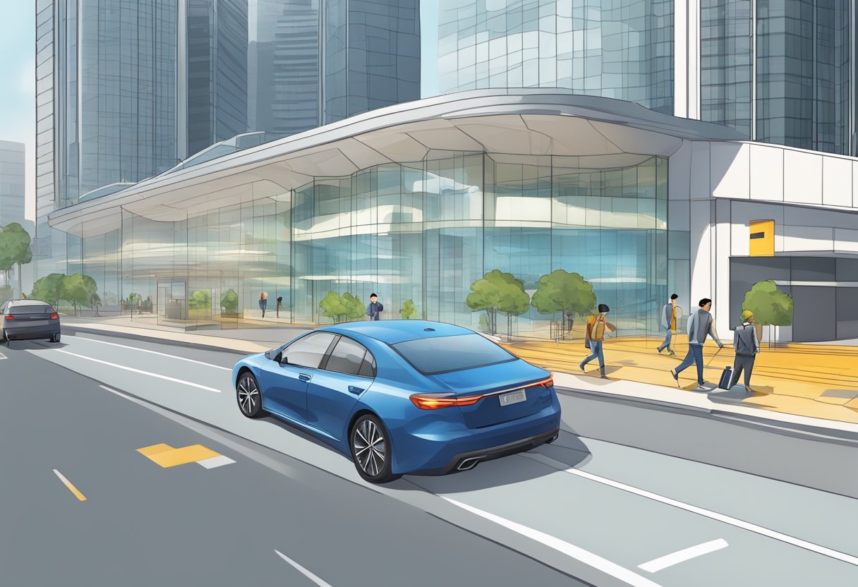 The user interacts with safety features in a sleek Singapore setting