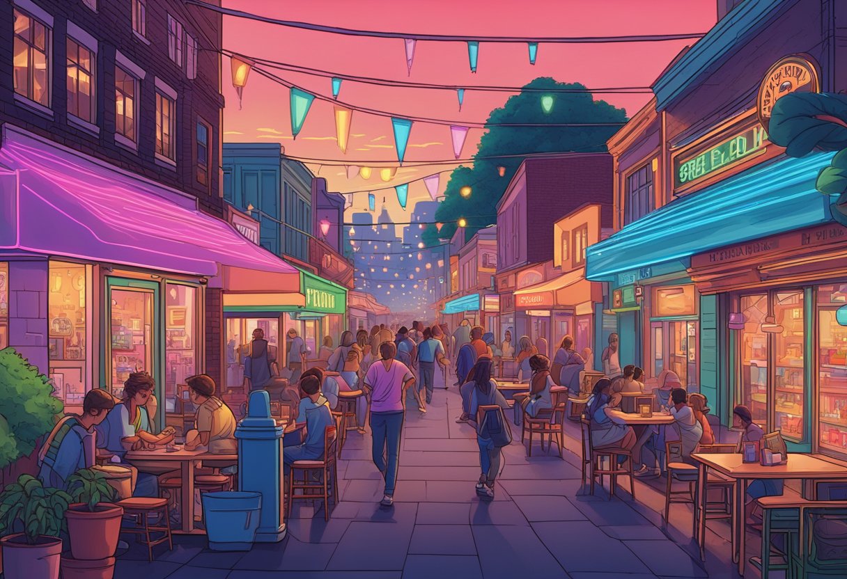 A bustling, neon-lit street lined with retro storefronts and crowded outdoor dining areas, filled with nostalgic 80s decor and Stranger Things-themed attractions