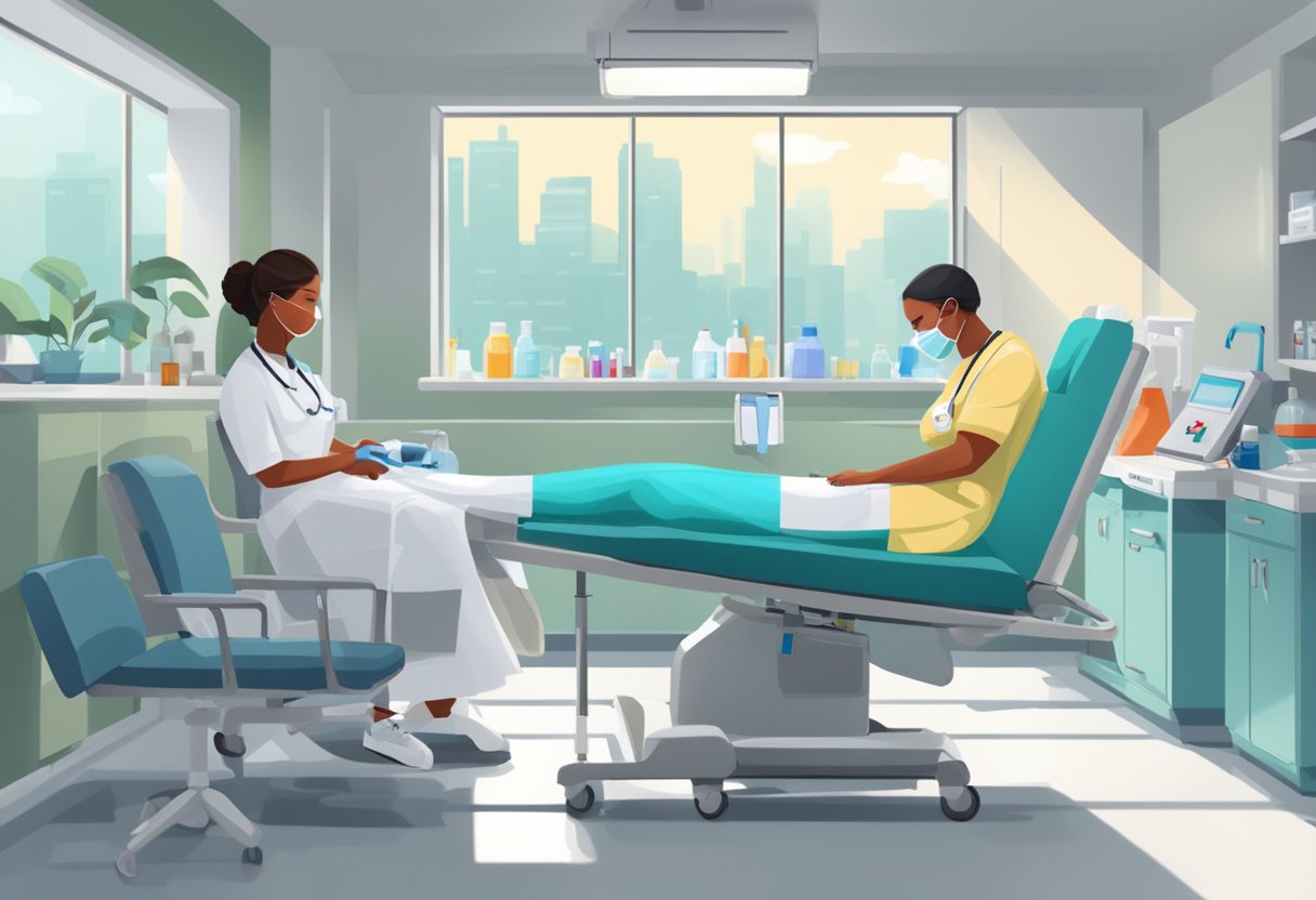A donor reclines in a chair as a nurse draws blood into a bag. The room is bright and sterile, with medical equipment nearby