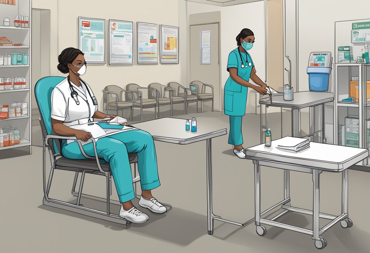 A donor sits in a chair as a nurse prepares to draw blood. A table holds sterile supplies and informational pamphlets. A sign reads "Getting Started with Blood Donation."