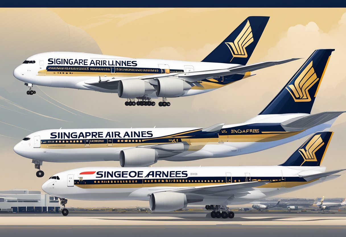 Several Singapore Airlines planes lined up on the tarmac, with the iconic bird logo prominently displayed on the tail fins