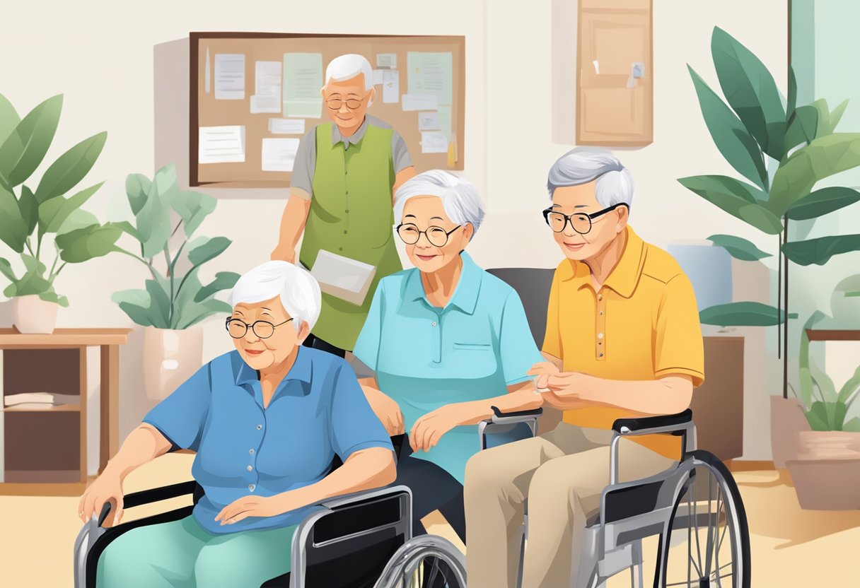 Elderly individuals receiving support from caregivers at AIC Singapore. Resources such as information, assistance, and services are provided