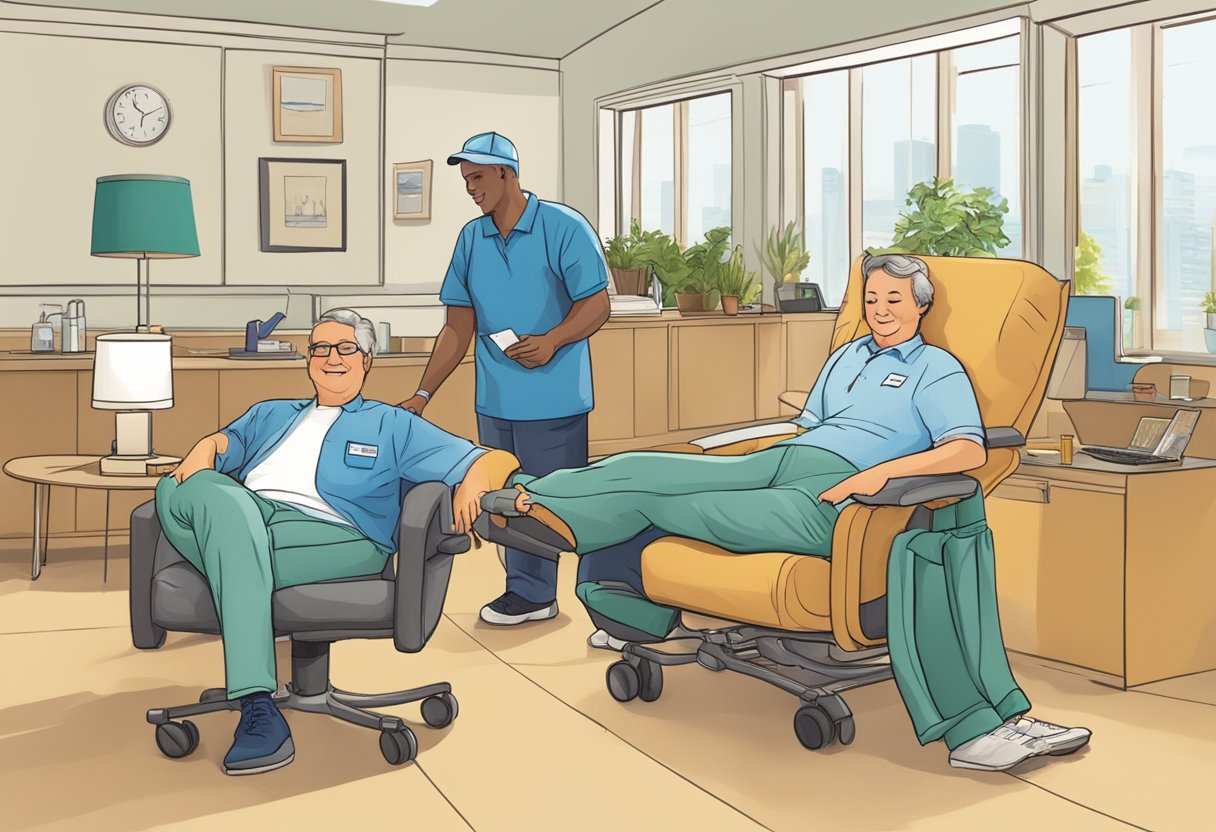 A donor reclines on a comfortable chair, surrounded by friendly staff and bright decor. The donation process is efficient and reassuring, with clear instructions and a sense of community