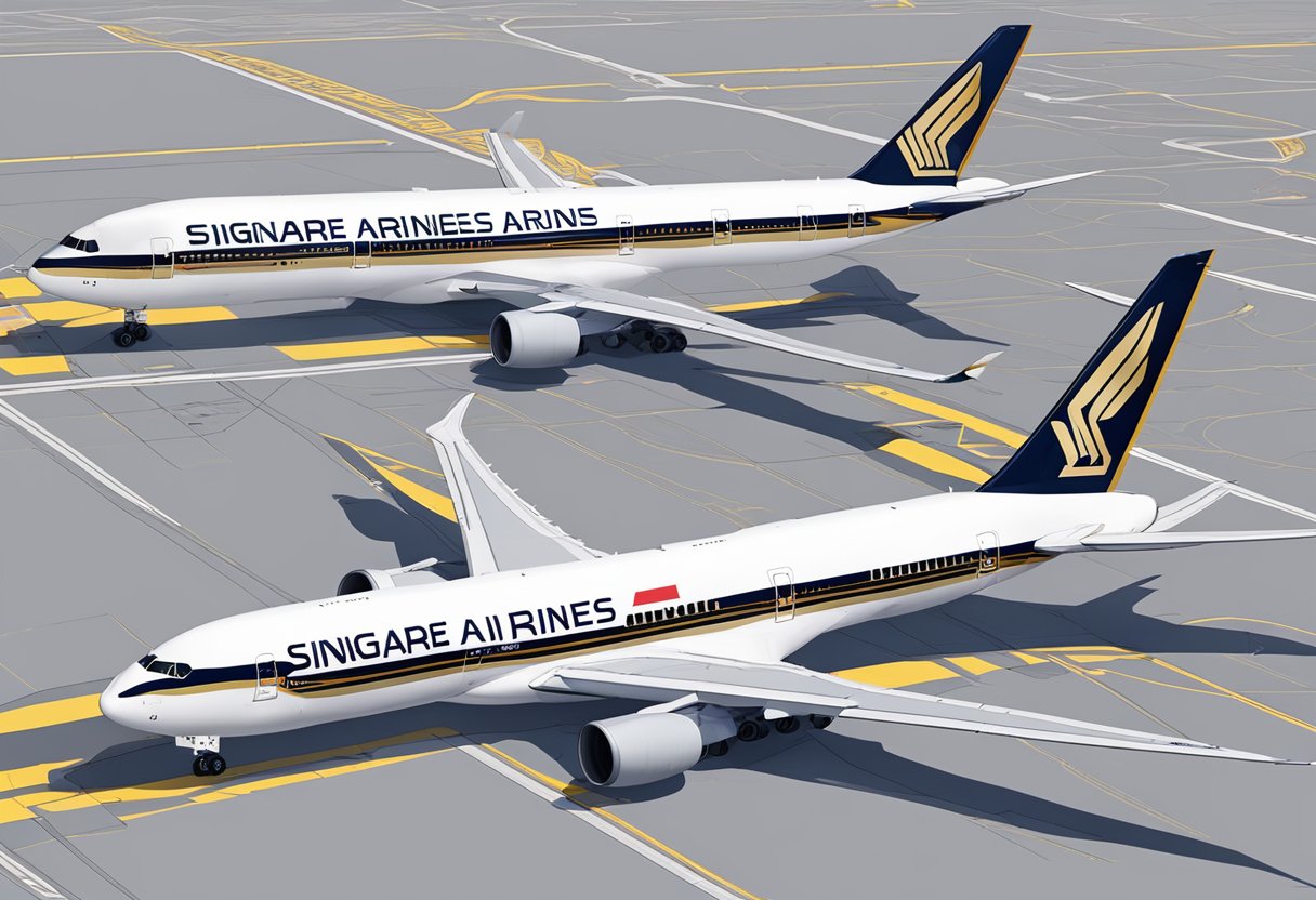 Several Singapore Airlines planes parked on the tarmac, including a mix of Airbus A380s, Boeing 777s, and A350s