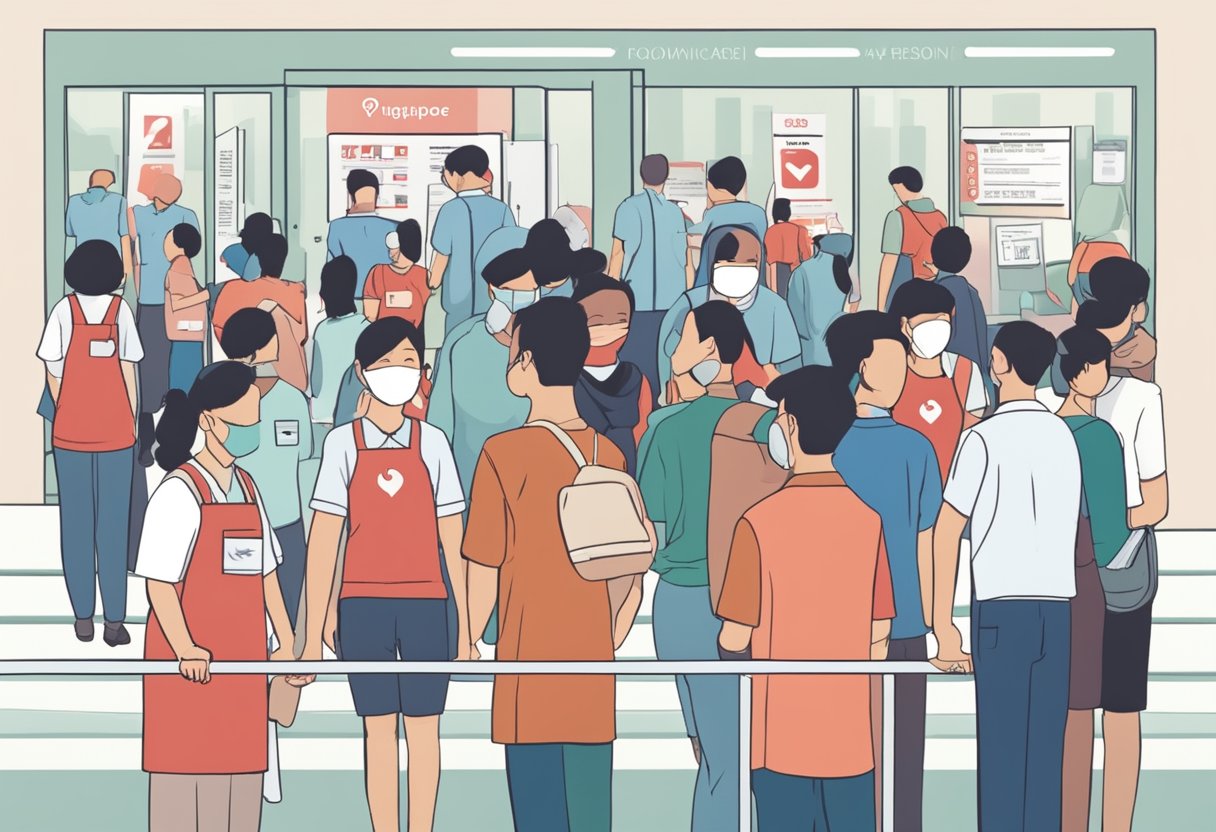 A group of people lining up at a blood donation center in Singapore, with a sign displaying "Frequently Asked Questions" prominently