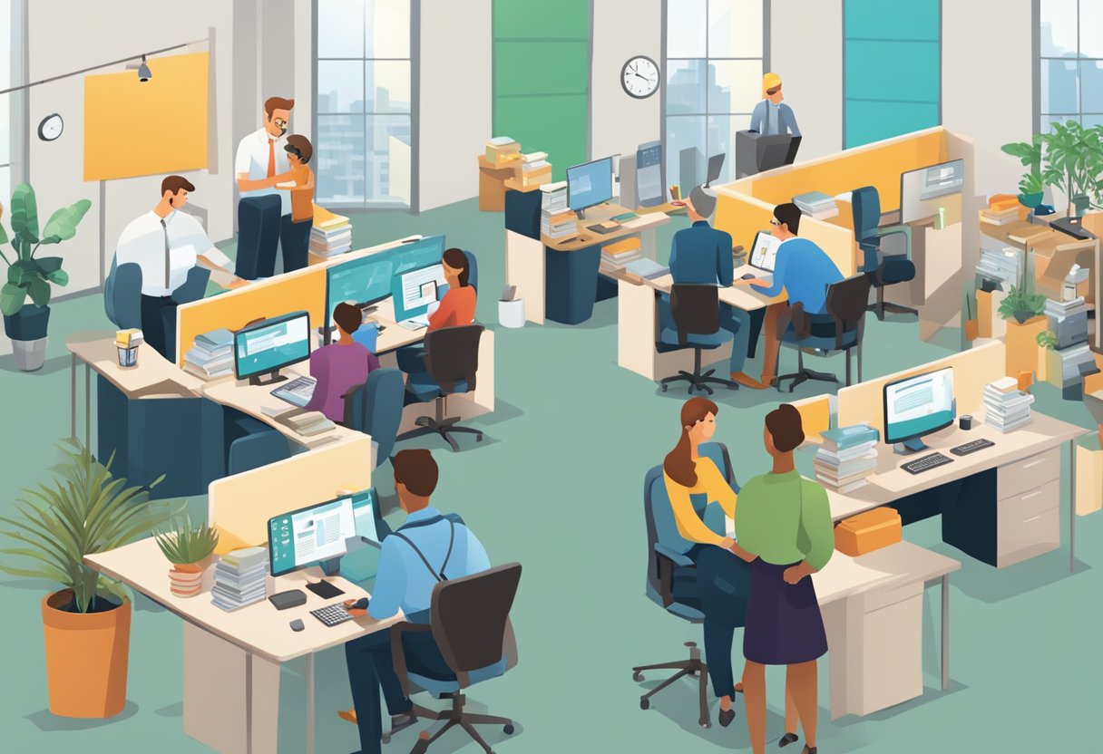 A bustling office with people at desks, signage for "Frequently Asked Questions," and a customer service representative assisting a client