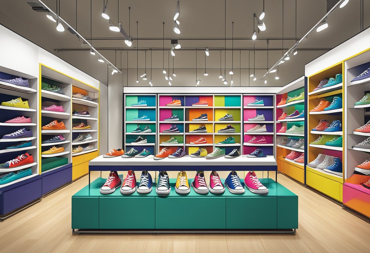 A vibrant display of Converse collections in a sleek Singapore store. Brightly colored sneakers line the shelves, while classic and modern designs are showcased throughout the space