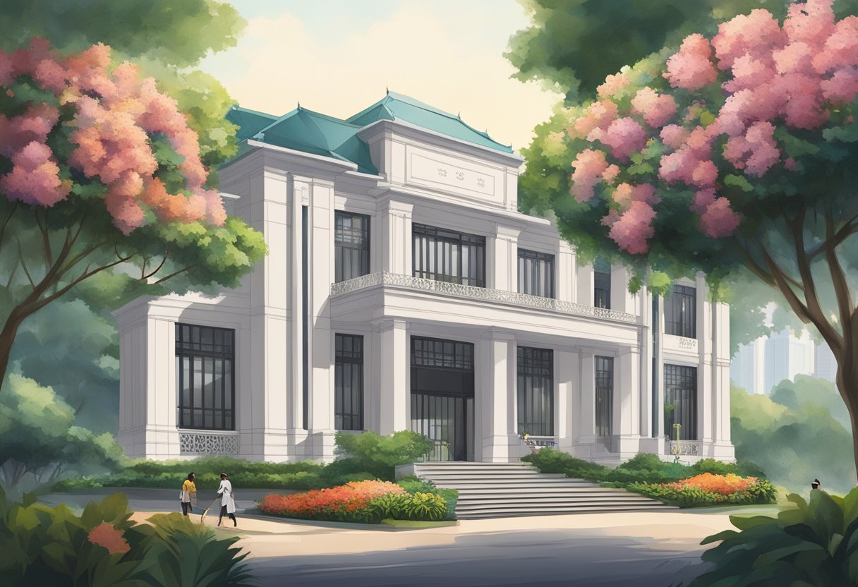 The Taiwan embassy in Singapore stands tall with its distinct architecture, surrounded by lush greenery and vibrant flowers in the foreground