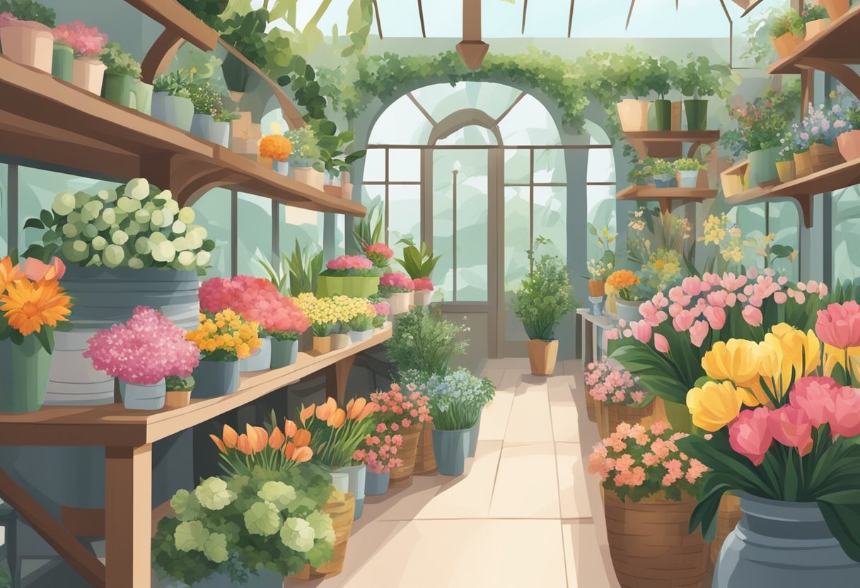 A colorful array of fresh flowers arranged in vases and baskets, surrounded by greenery and foliage in a cozy florist shop in Singapore