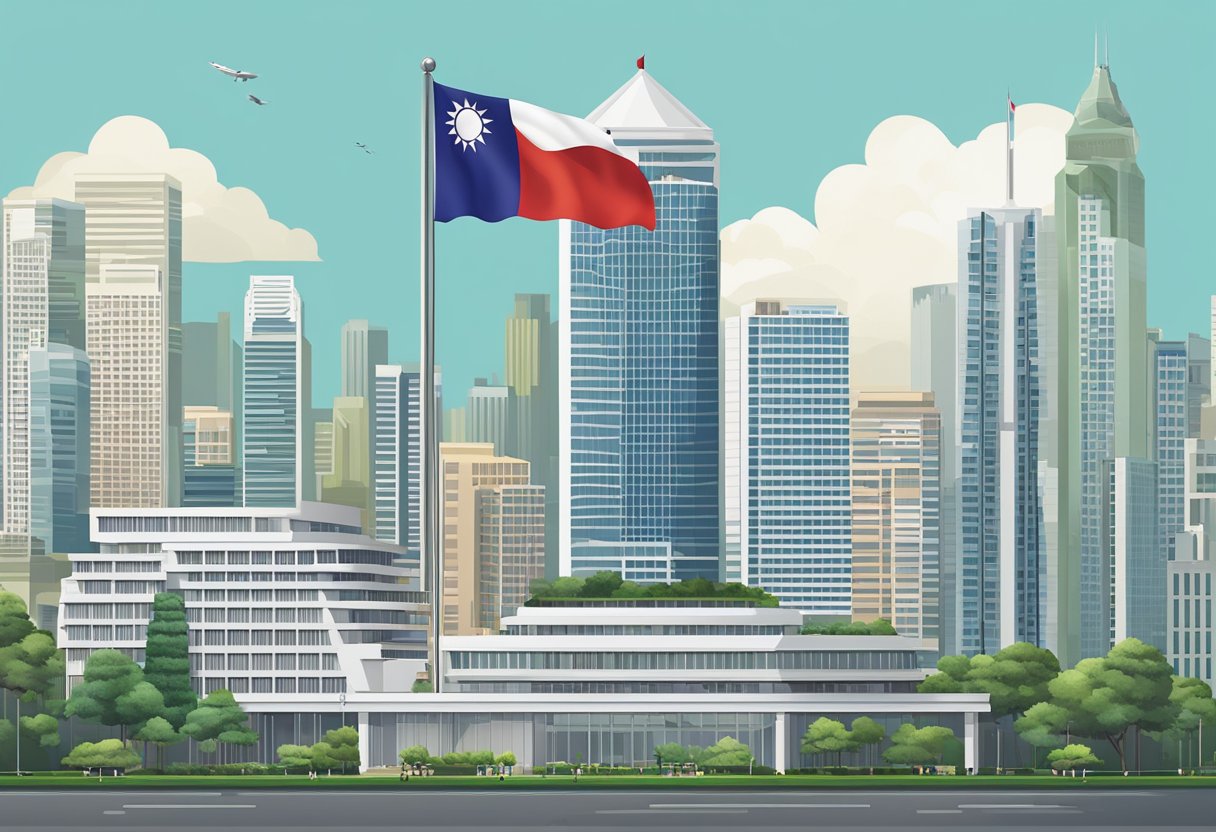 The Taiwan Embassy Services in Singapore, with its distinctive architecture, stands tall and proud against the city skyline. The flag of Taiwan flutters in the breeze, symbolizing the diplomatic presence in the bustling metropolis