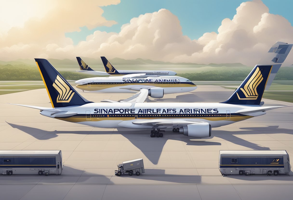 A row of Singapore Airlines planes parked on the tarmac, with the iconic logo and livery visible on the aircrafts' exteriors